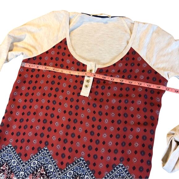 Rewind Boho Inspired Red White Blue Scoop Neck Roll sleeve Mixed Media Top - Picture 11 of 16